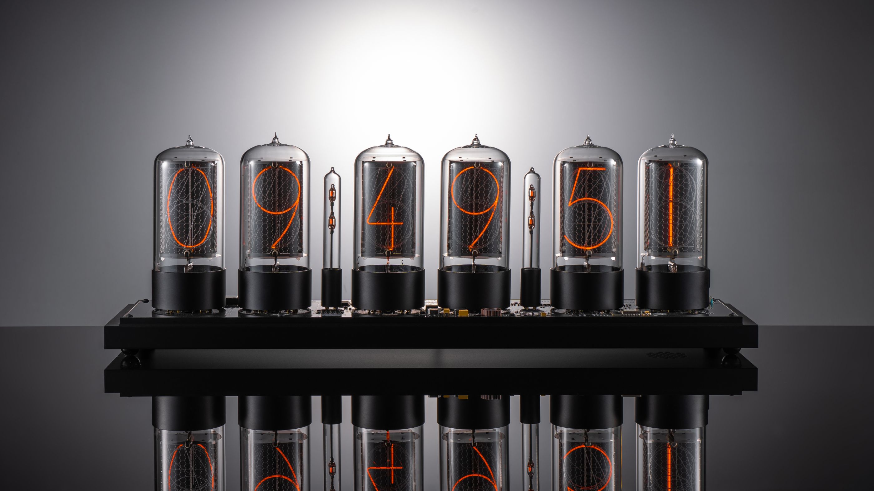ZIN70 Nixie Clock, Black Case & Black Bases, Smoked Glass