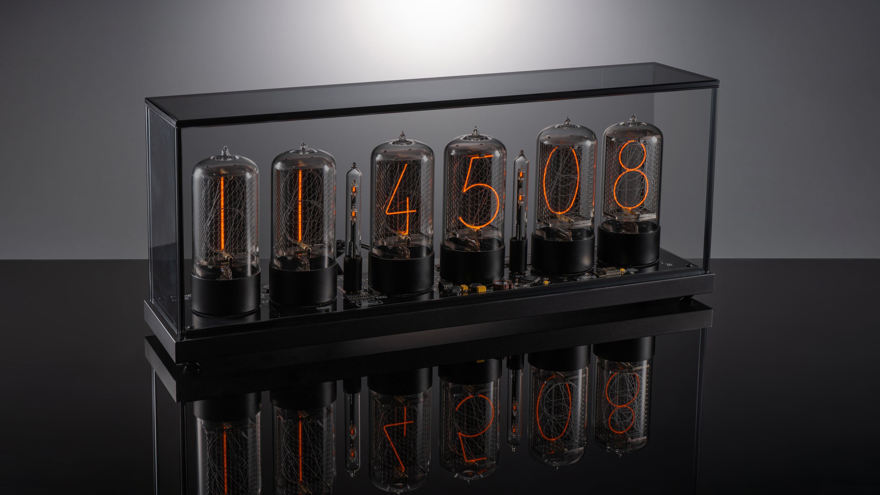 ZIN70 Nixie Clock, Black Case & Black Bases, Smoked Glass
