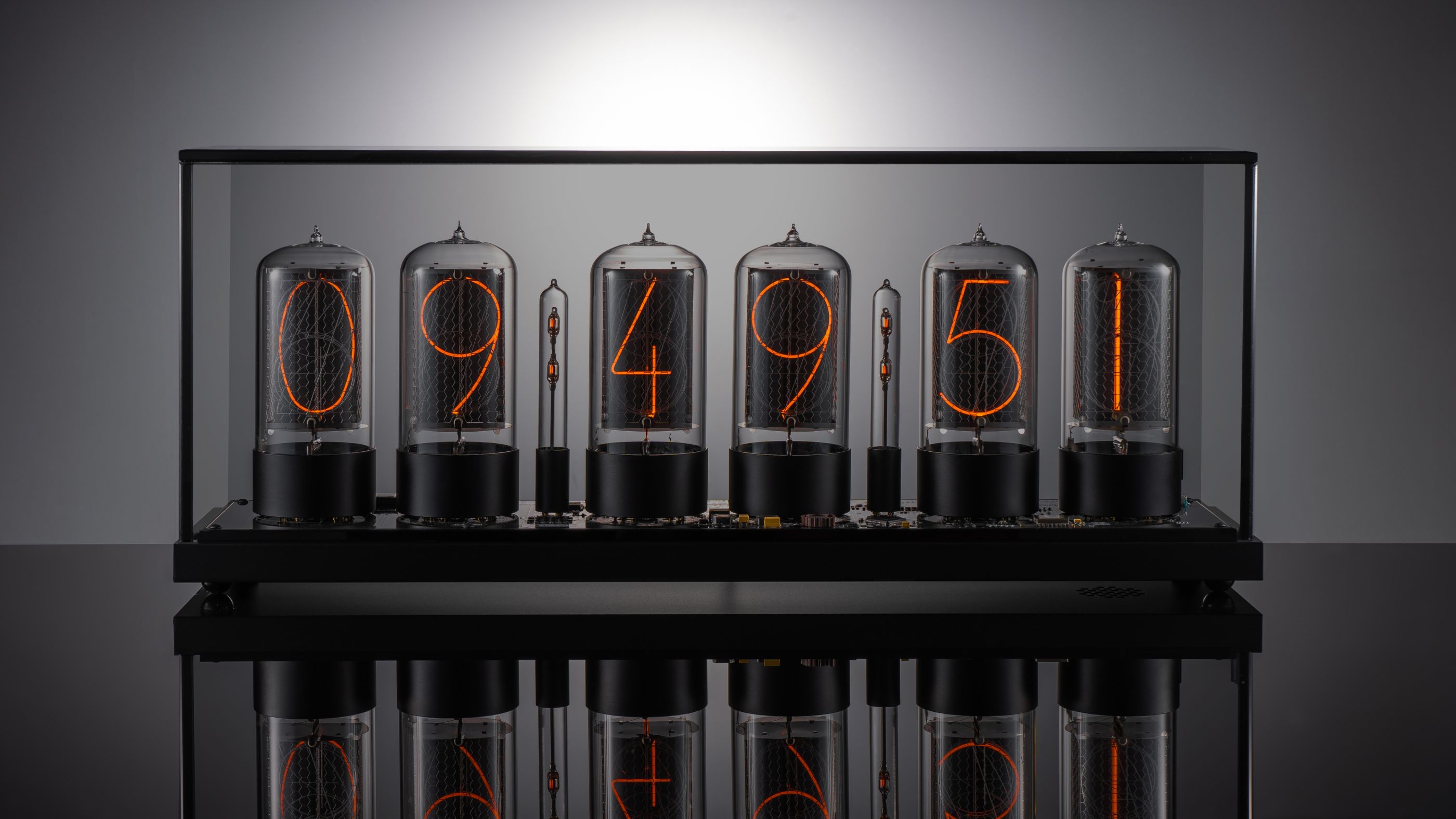ZIN70 Nixie Clock, Black Case & Black Bases, Smoked Glass