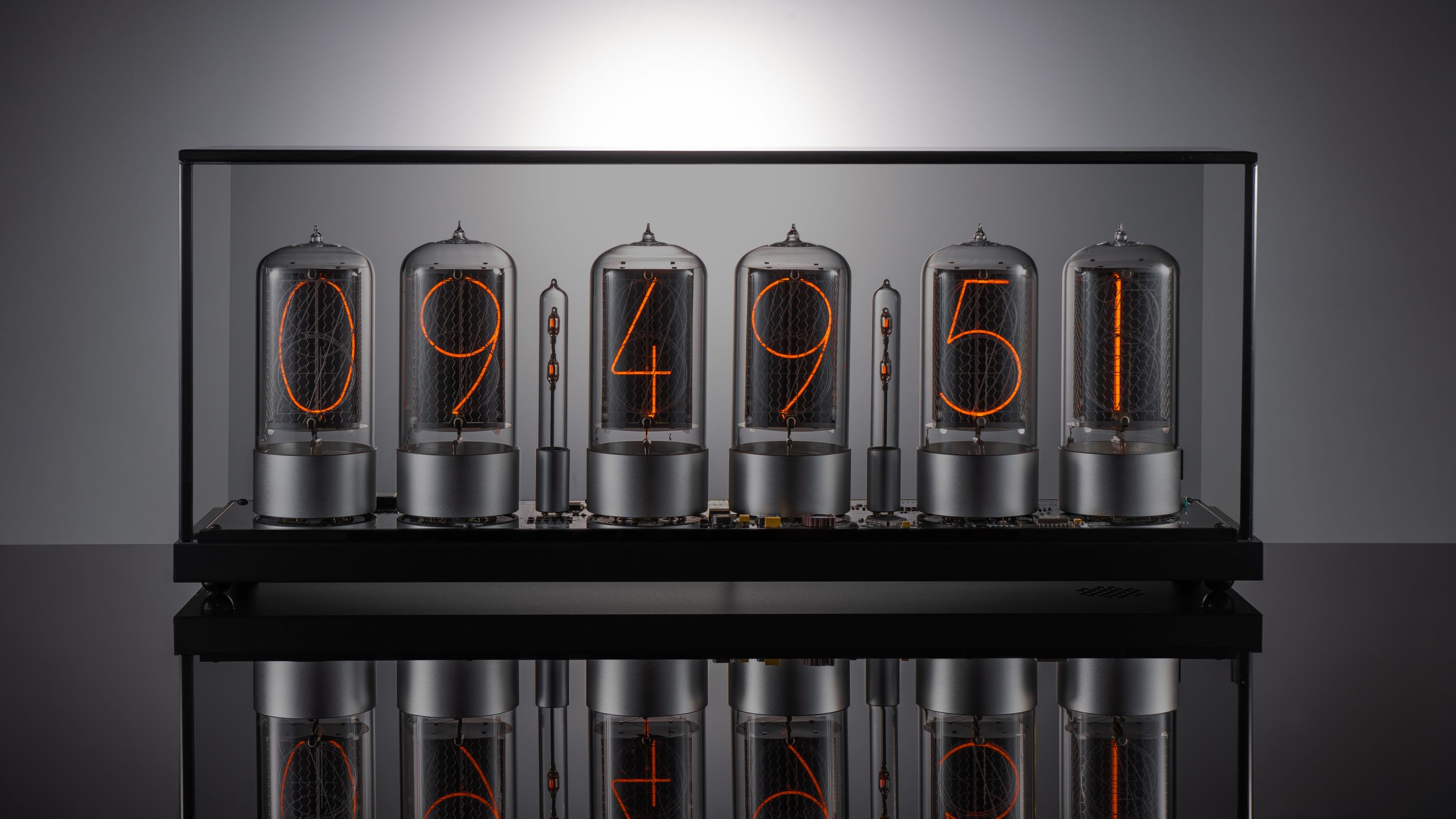 ZIN70 Nixie Clock, Black Case & Silver Bases, Smoked Glass