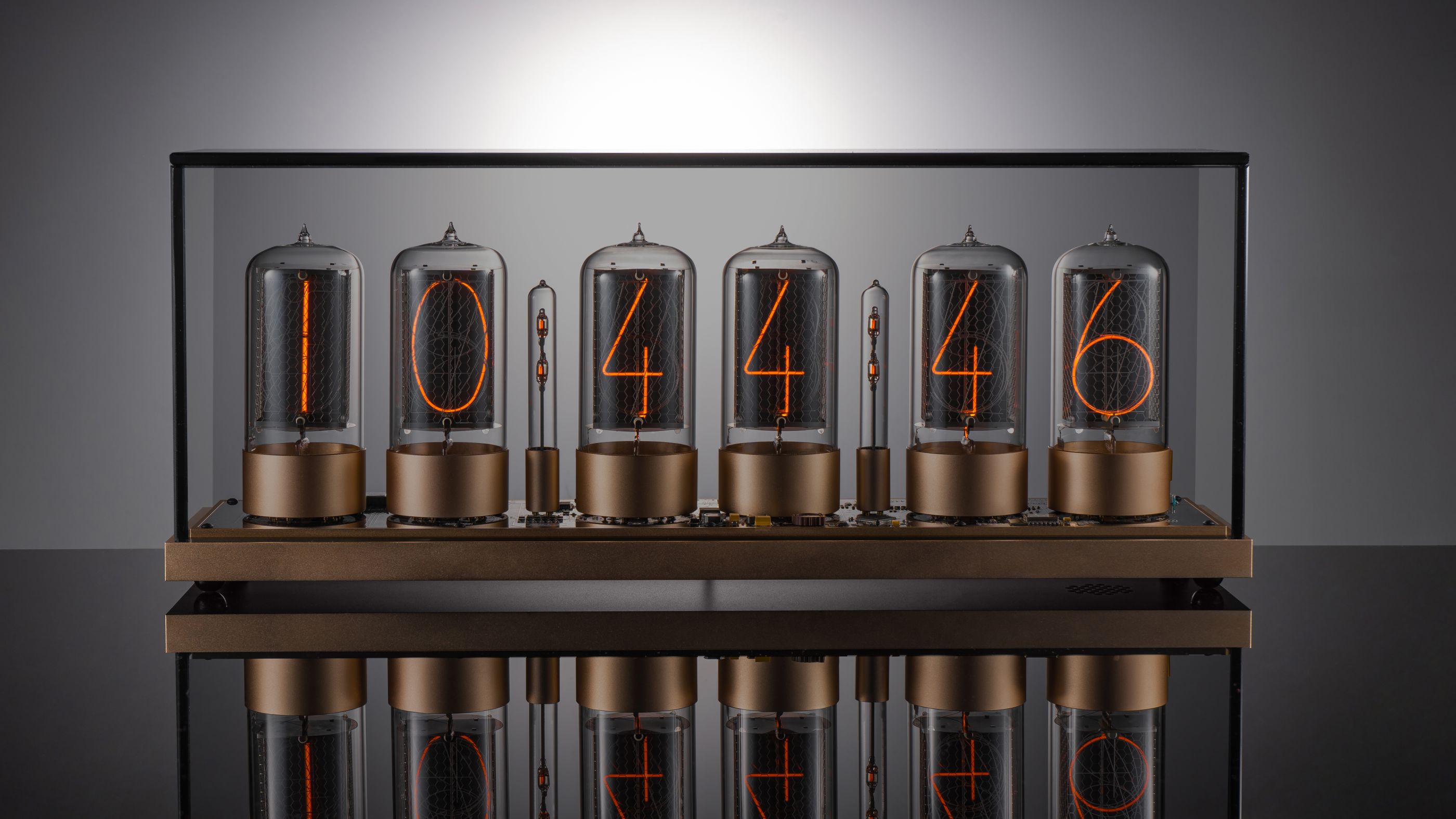 ZIN70 Nixie Clock, Gold Case & Gold Bases, Smoked Glass