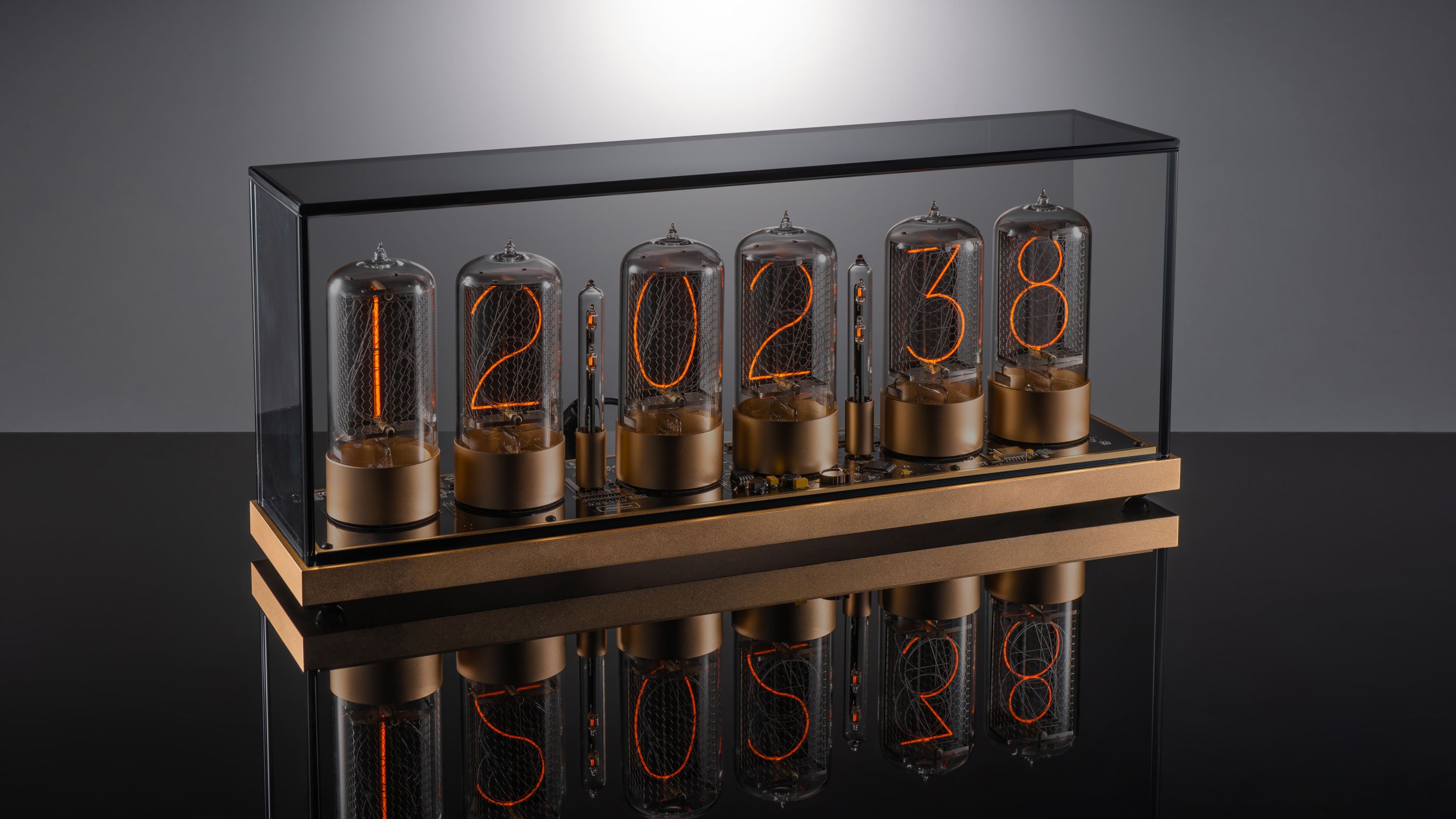 ZIN70 Nixie Clock, Gold Case & Gold Bases, Smoked Glass