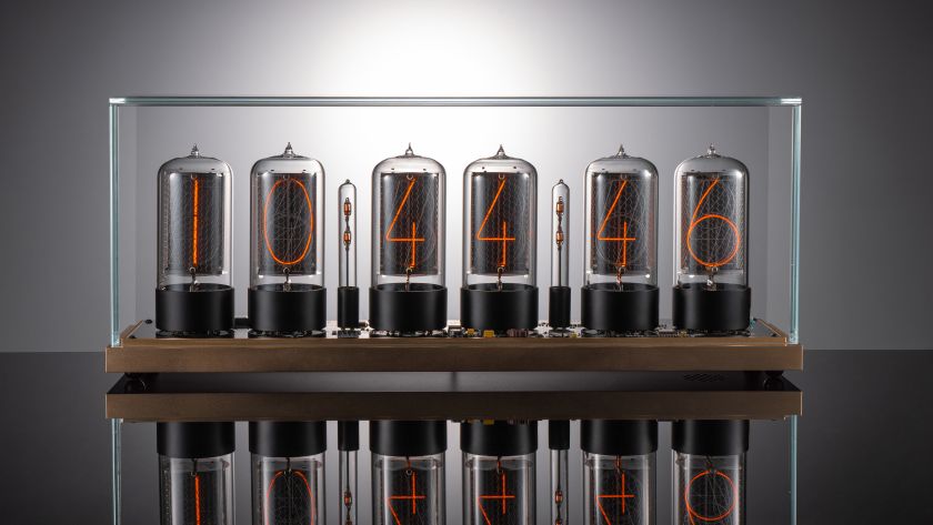 ZIN70 Nixie Tube Clock — Gold Case, Black Bases & Clear Glass Dome | Millclock