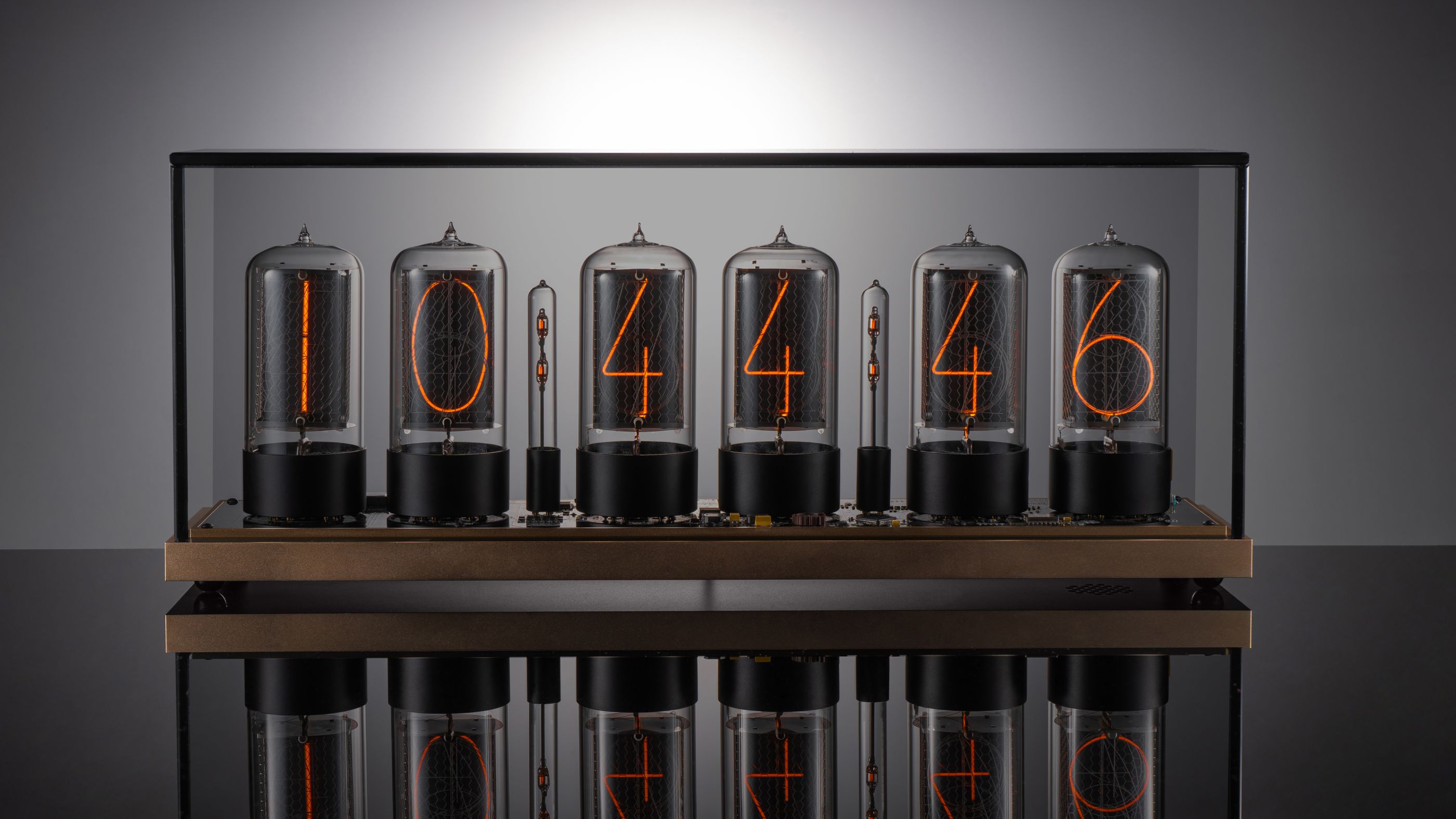 ZIN70 Nixie Clock, Gold Case & Black Bases, Smoked Glass