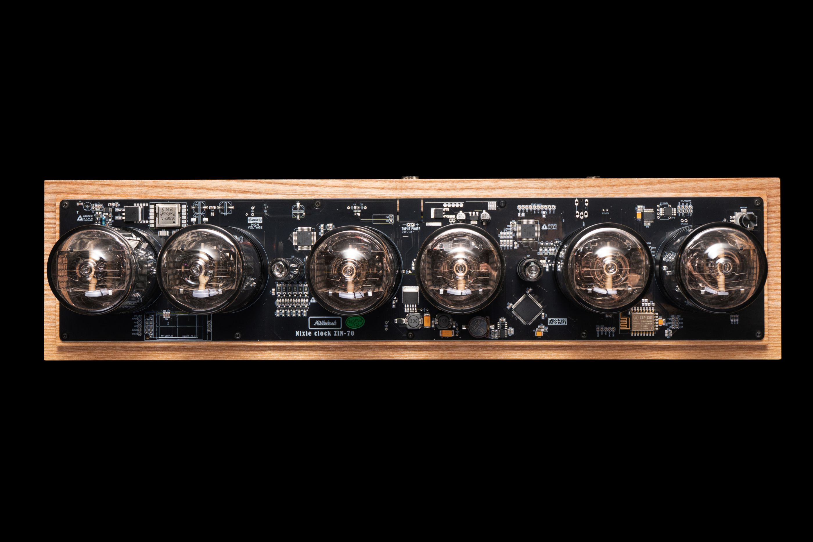 ZIN70 Nixie Clock, Maple Base & Black Bases, Clear Glass