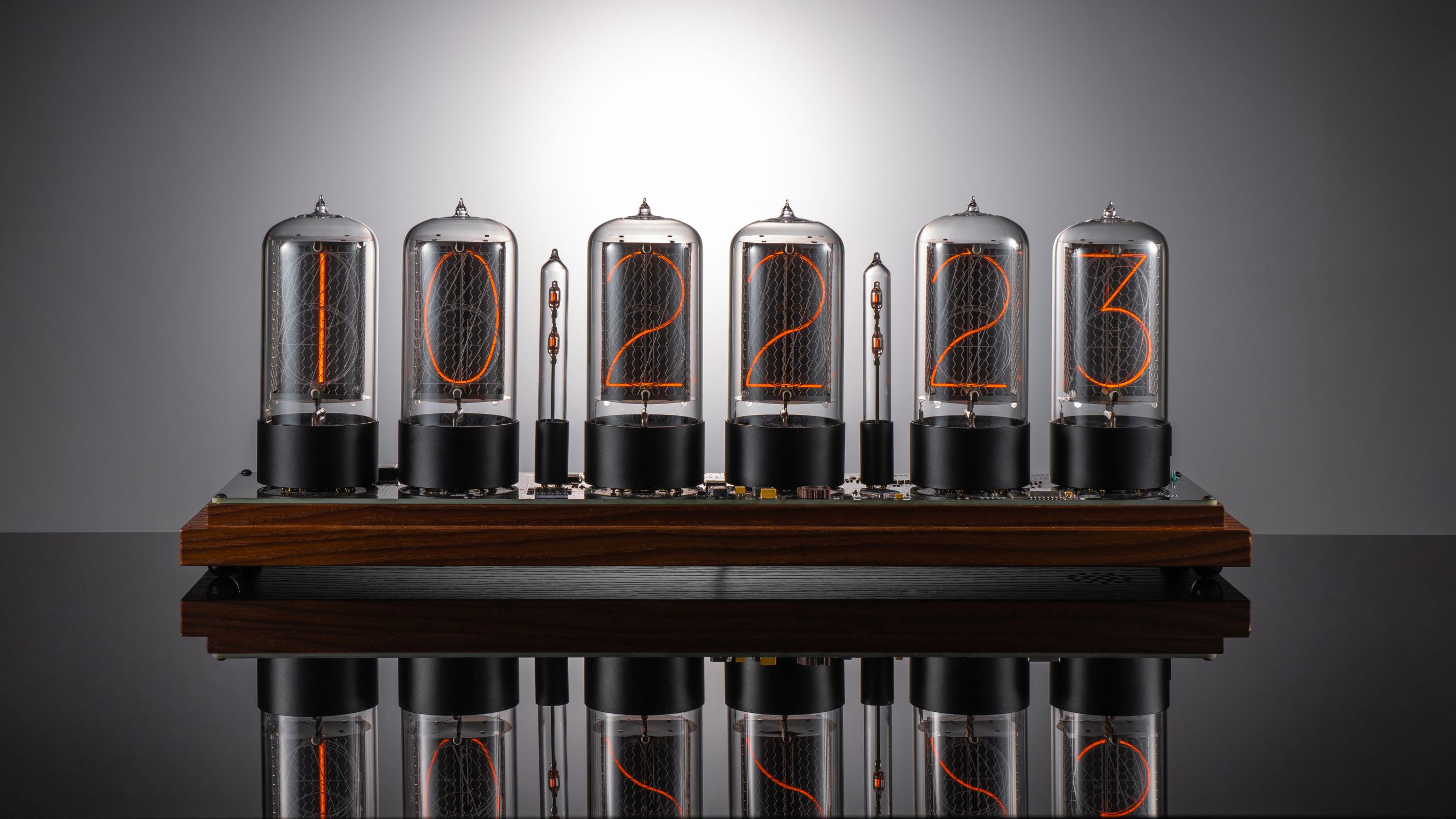 ZIN70 Nixie Clock, Walnut Base & Black Bases, Smoked Glass