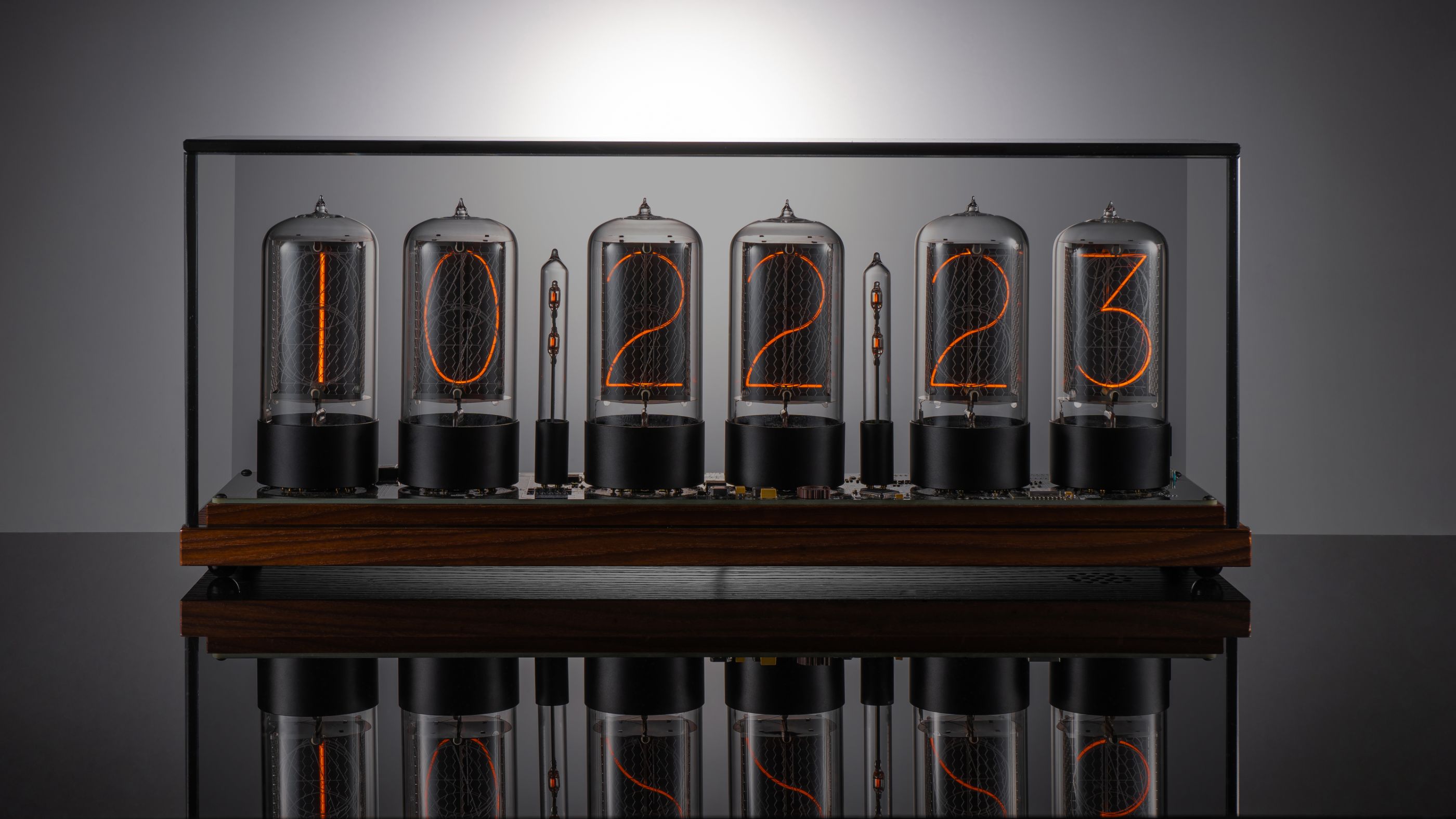 ZIN70 Nixie Clock, Walnut Base & Black Bases, Smoked Glass
