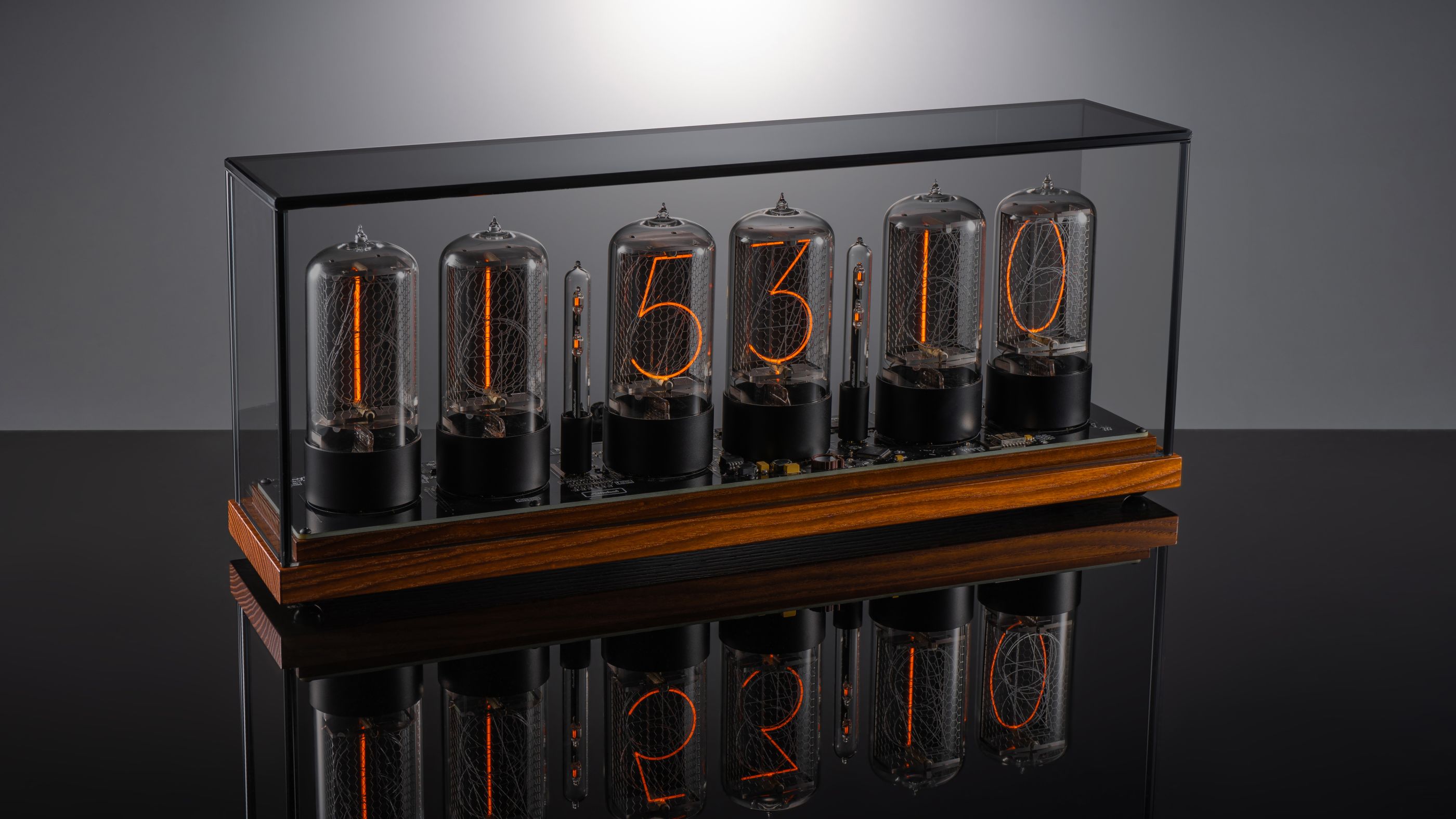 ZIN70 Nixie Clock, Walnut Base & Black Bases, Smoked Glass