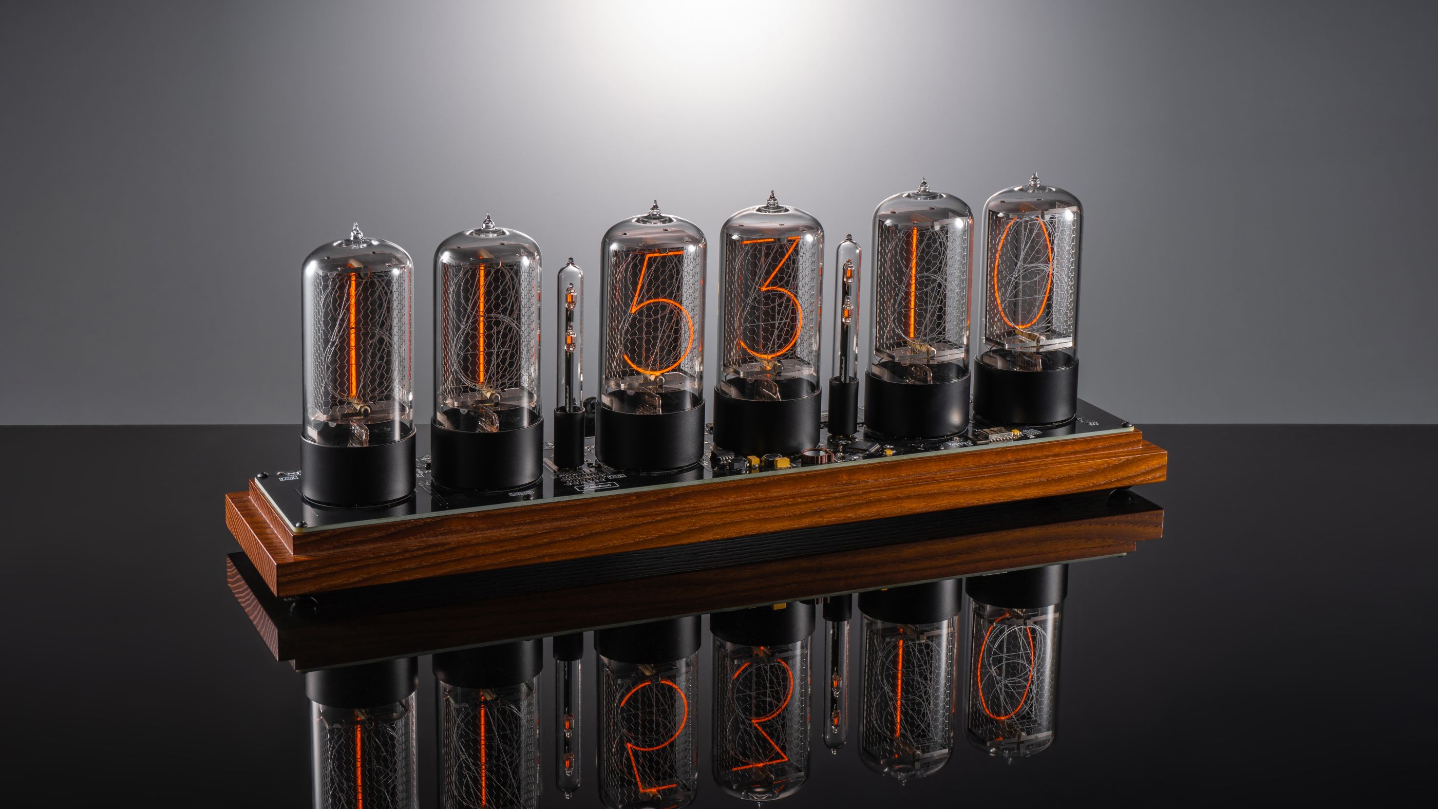 ZIN70 Nixie Clock, Walnut Base & Black Bases, Smoked Glass