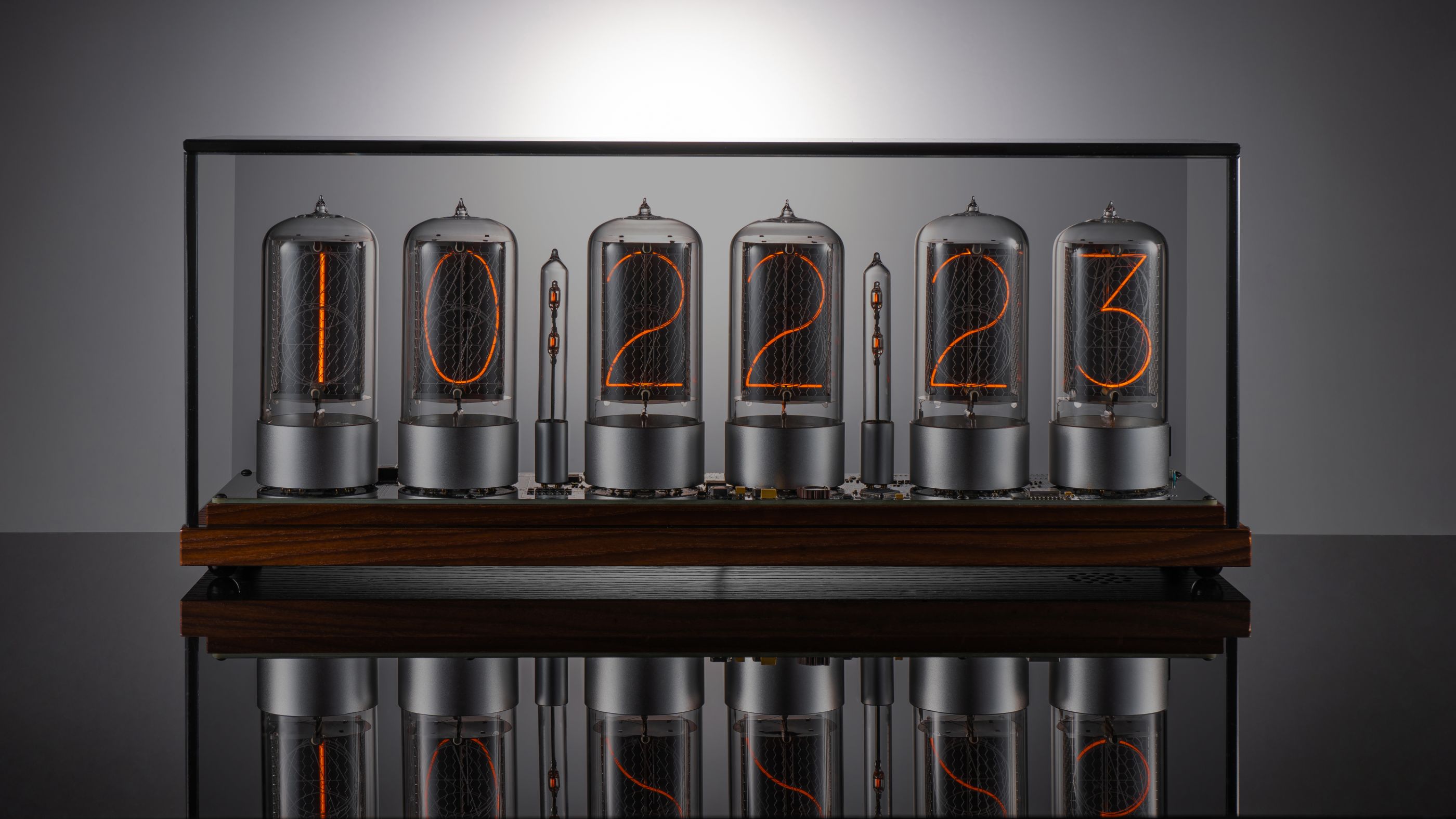 ZIN70 Nixie Clock, Walnut Base & Silver Bases, Smoked Glass