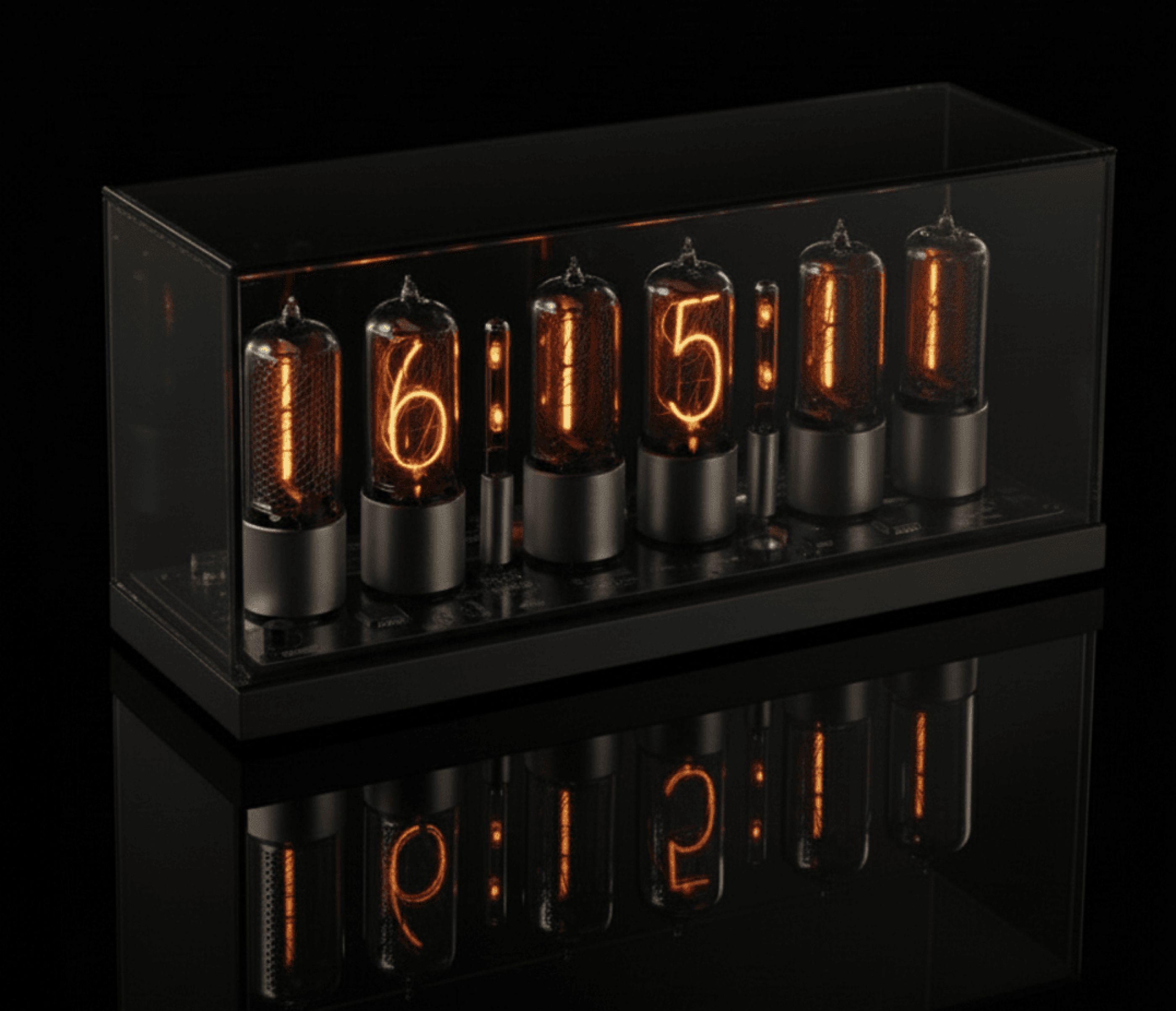 ZIN18 Nixie Clock, Black Base & Silver Tubes, Smoked Glass