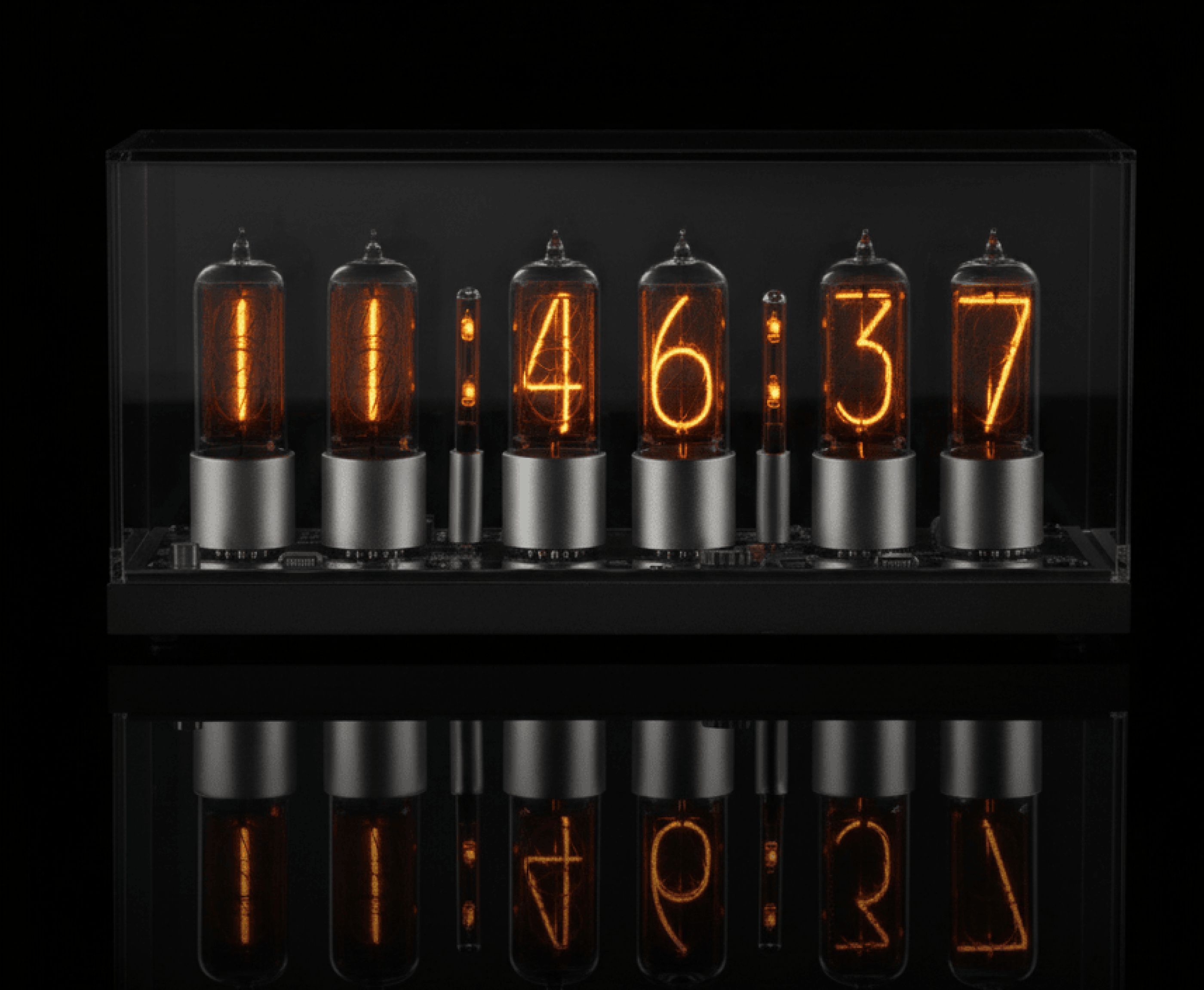 ZIN18 Nixie Clock, Black Base & Silver Tubes, Smoked Glass