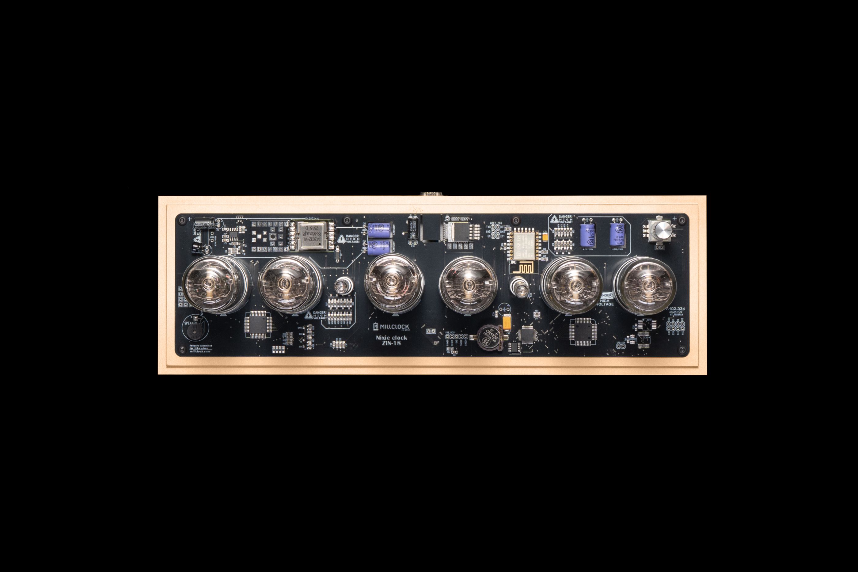 ZIN18 Nixie Clock, Gold Base & Black Tubes, Smoked Glass