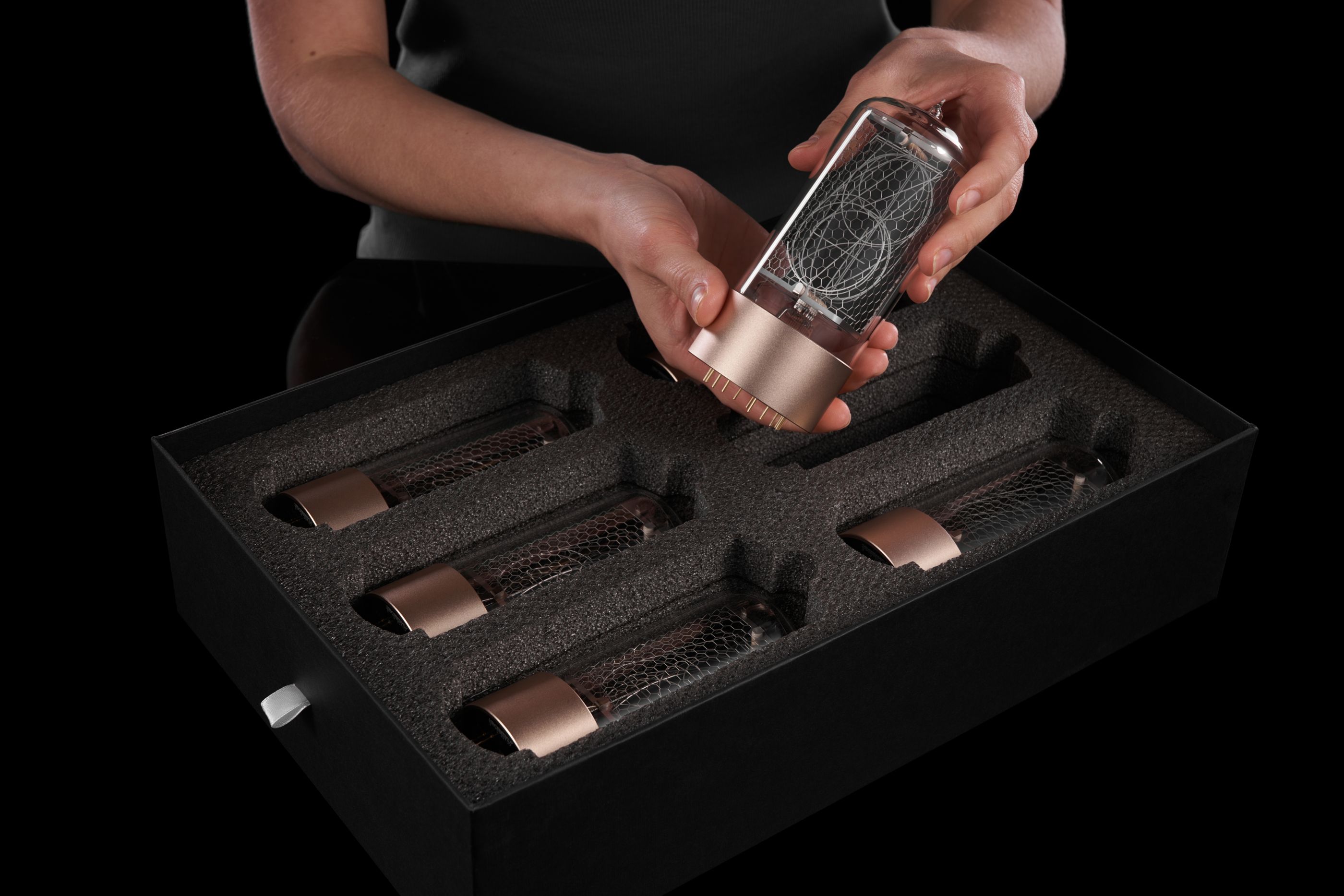 ZIN70 Nixie Tube Clock Black Case Gold Bases by Millclock