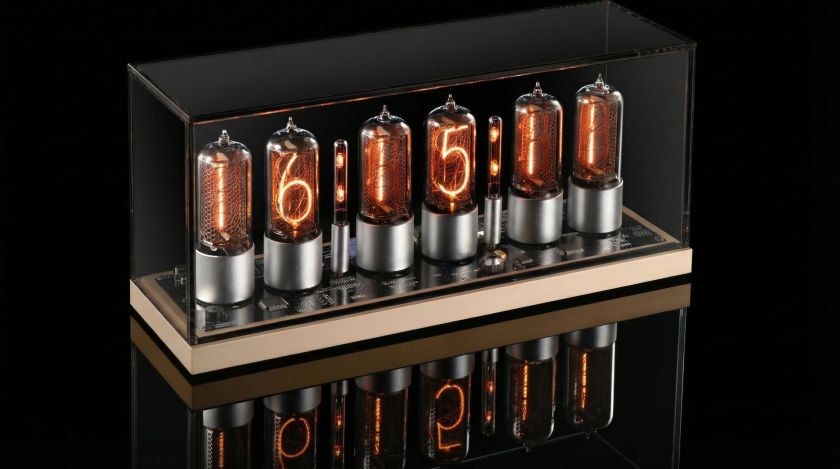 ZIN18 Nixie Tube Clock — Gold Aluminium Base, Silver Tubes Dark Smoked Glass Dome 6 Tubes