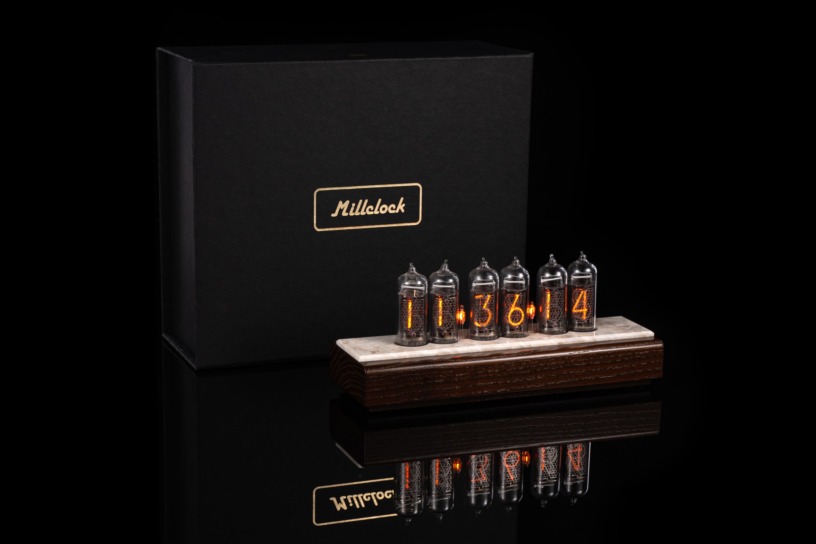 IN-14 Nixie Clock — Dark Ash Wood & Artificial Stone Top | Millclock