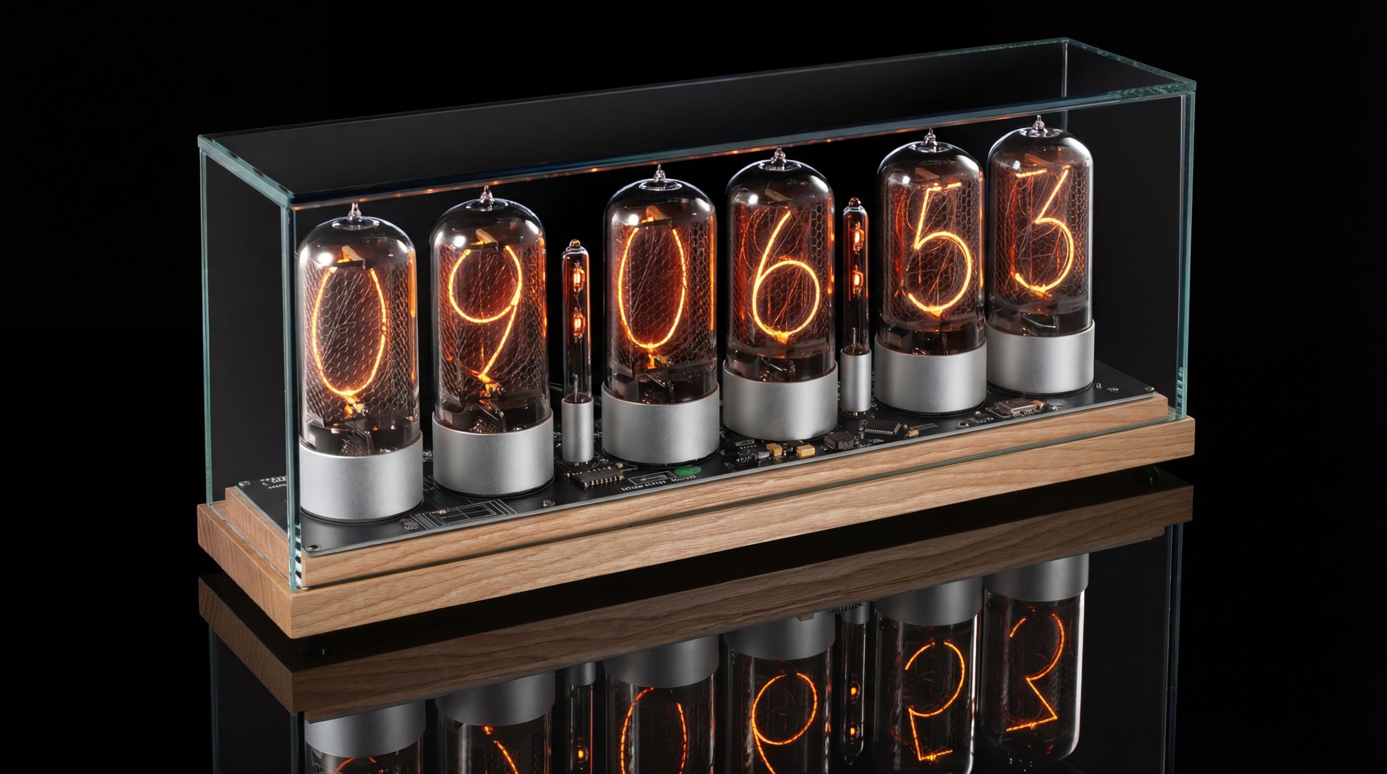 ZIN70 Nixie-Uhr, Ahorn-Basis & Silber-Sockel, Klarglas