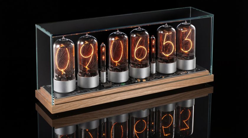 ZIN70 Nixie Tube Clock – Light Maple Base, Silver Tube Bases & Clear Glass | Millclock