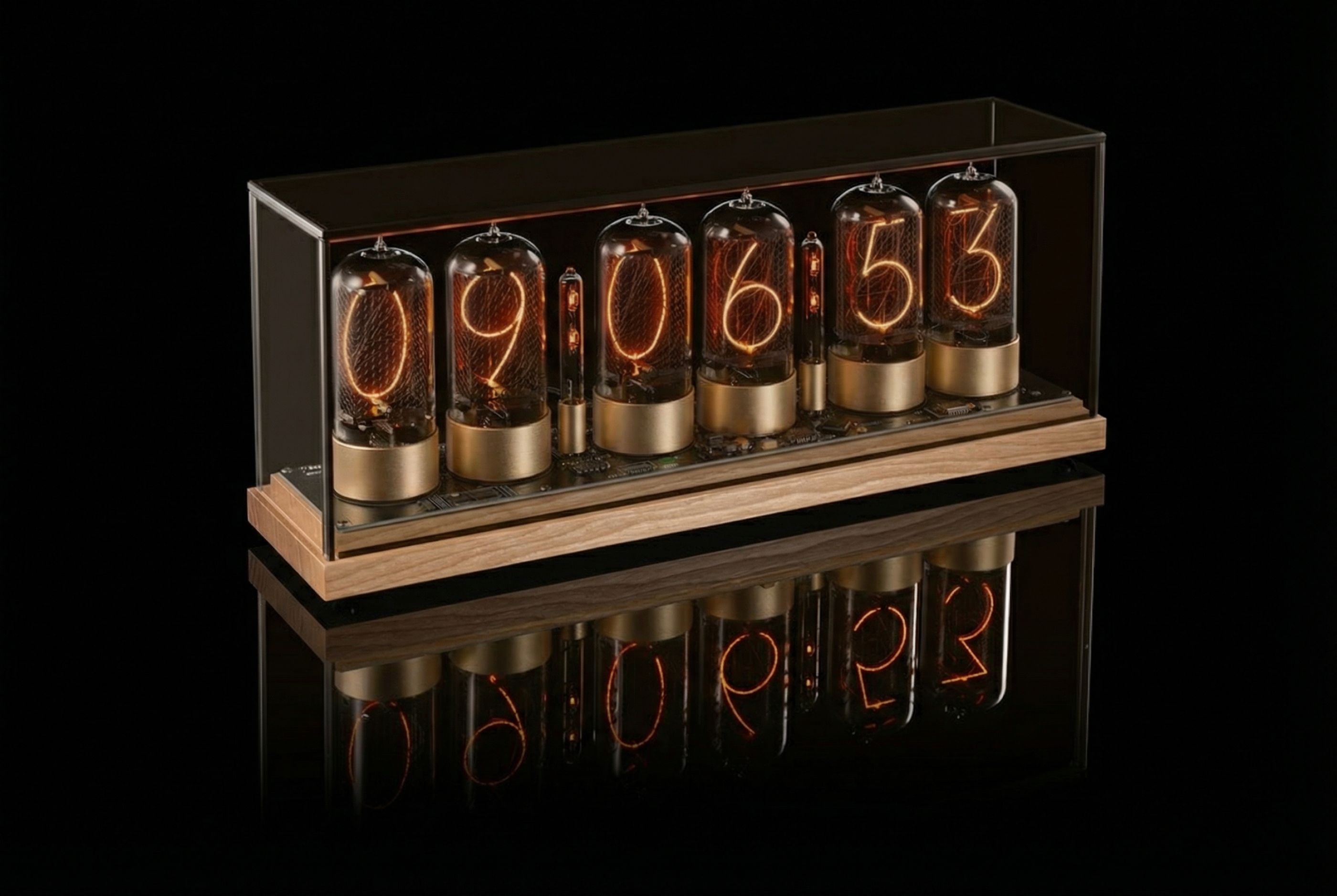 ZIN70 Nixie Clock, Maple Base & Gold Bases, Clear Glass