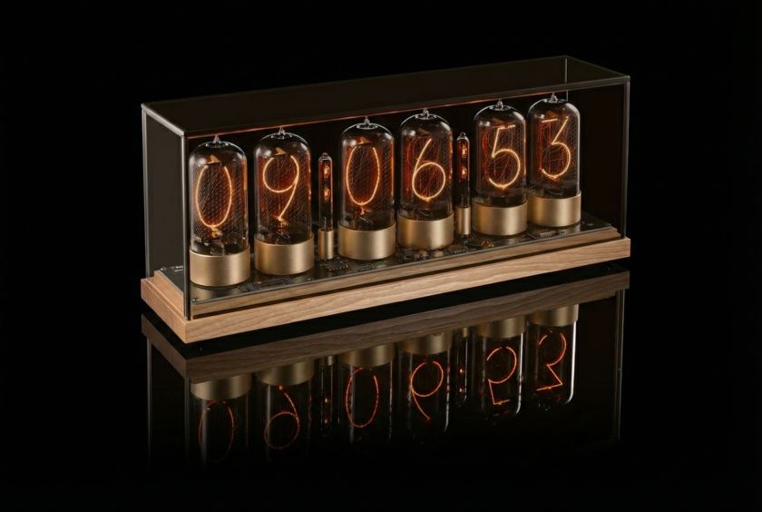 ZIN70 Nixie Tube Clock – Light Maple Base, Gold Tube Bases & Clear Glass | Millclock