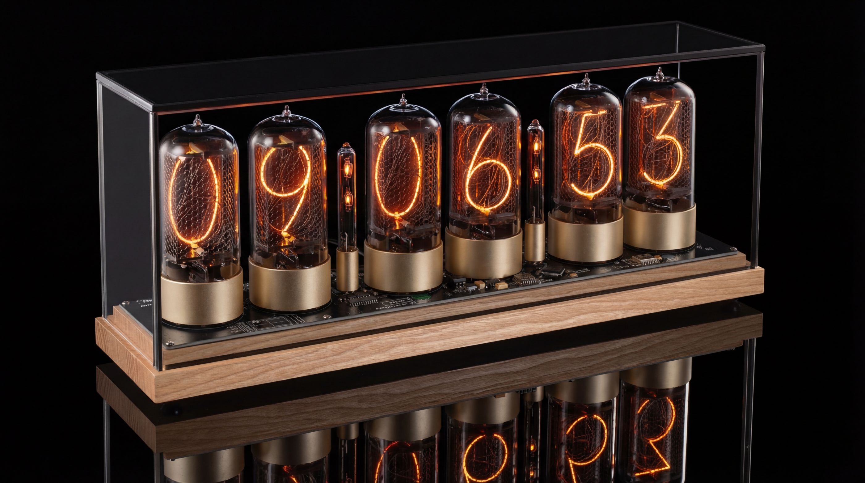 ZIN70 Nixie Clock, Maple Base & Gold Bases, Smoked Glass