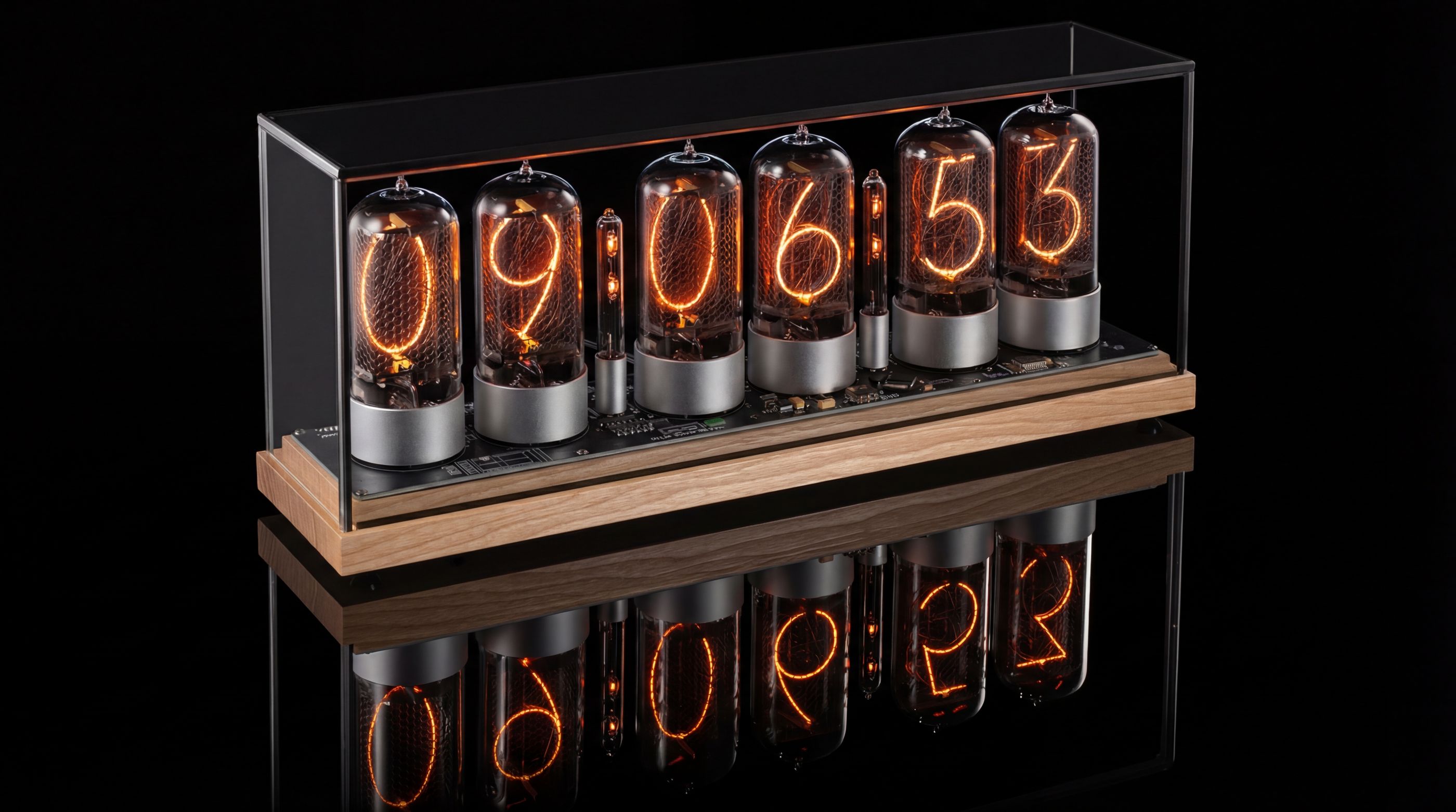 ZIN70 Nixie Clock, Maple Base & Silver Bases, Smoked Glass