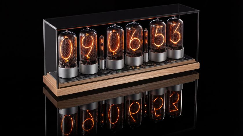ZIN70 Nixie Tube Clock — Light Maple Base, Silver Tube Bases & Darkened Glass Cover