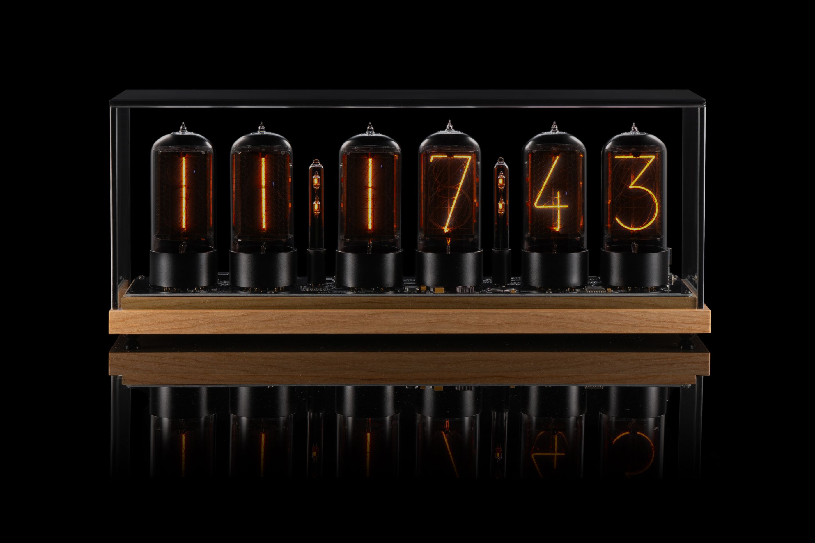 ZIN70 Nixie Clock, Maple Base & Black Bases, Smoked Glass