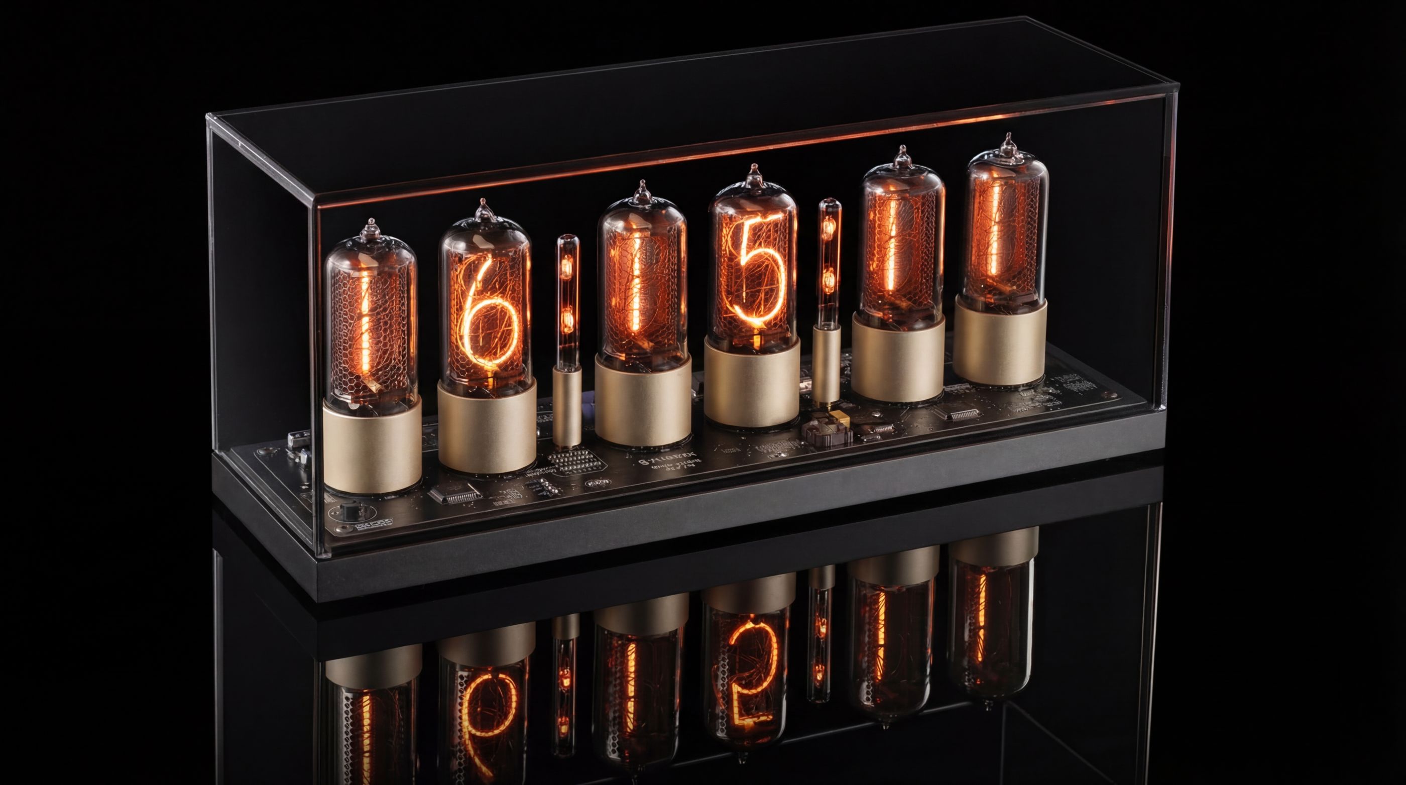 ZIN18 Nixie-Uhr, Schwarz-Basis & Gold-Röhren, Rauchglas