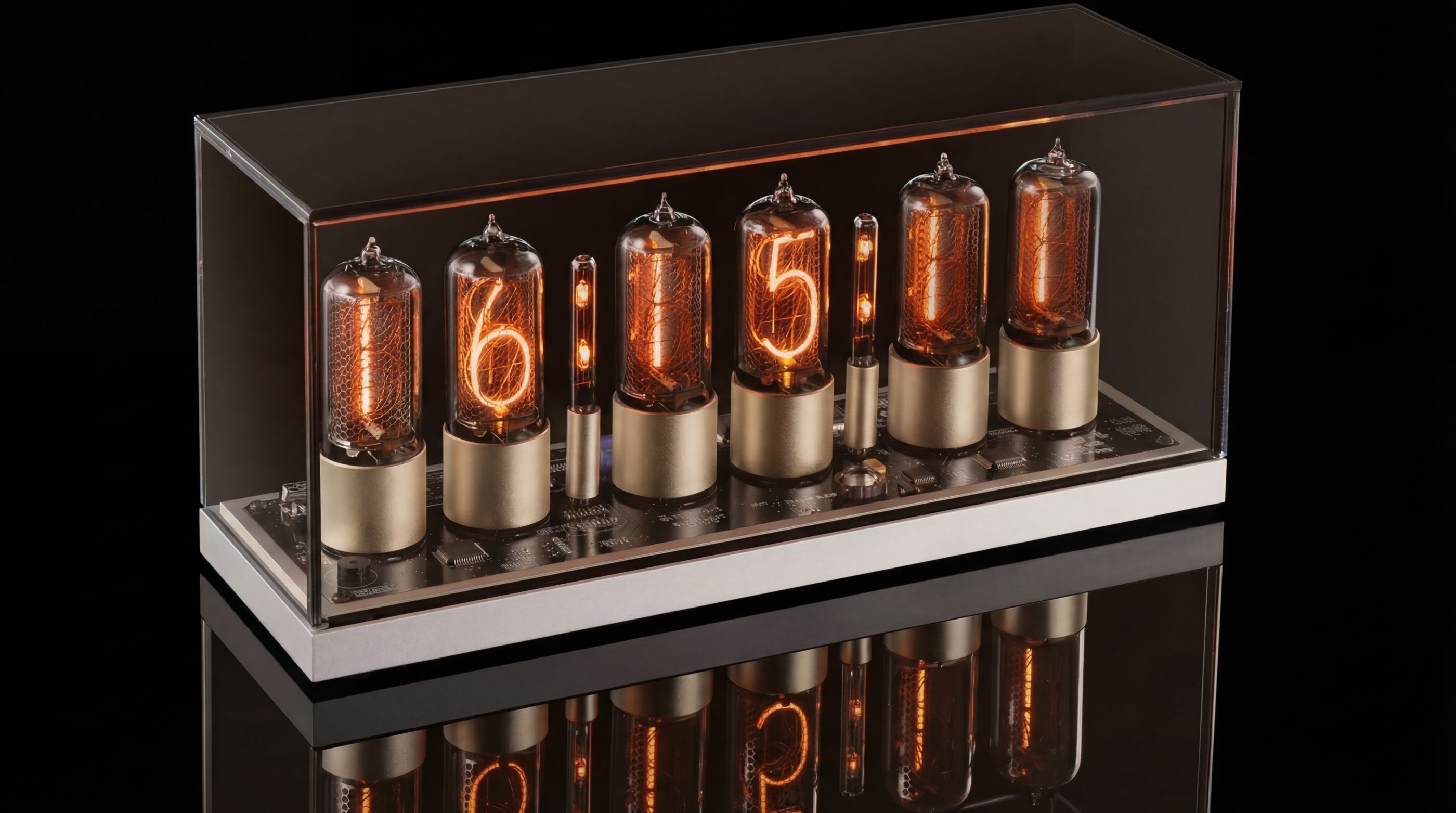 ZIN18 Nixie Clock, Silver Base & Black Tubes, Smoked Glass