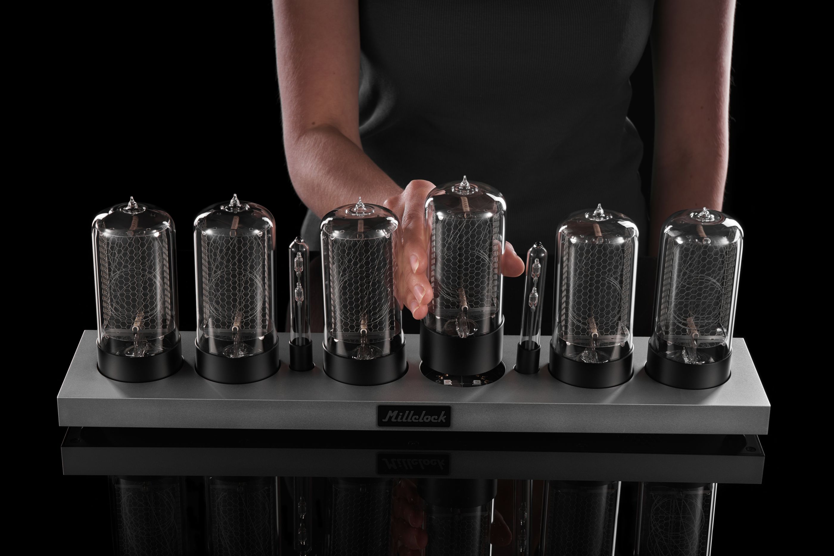 ZIN70 Nixie Tube Clock Black Case Silver Bases by Millclock